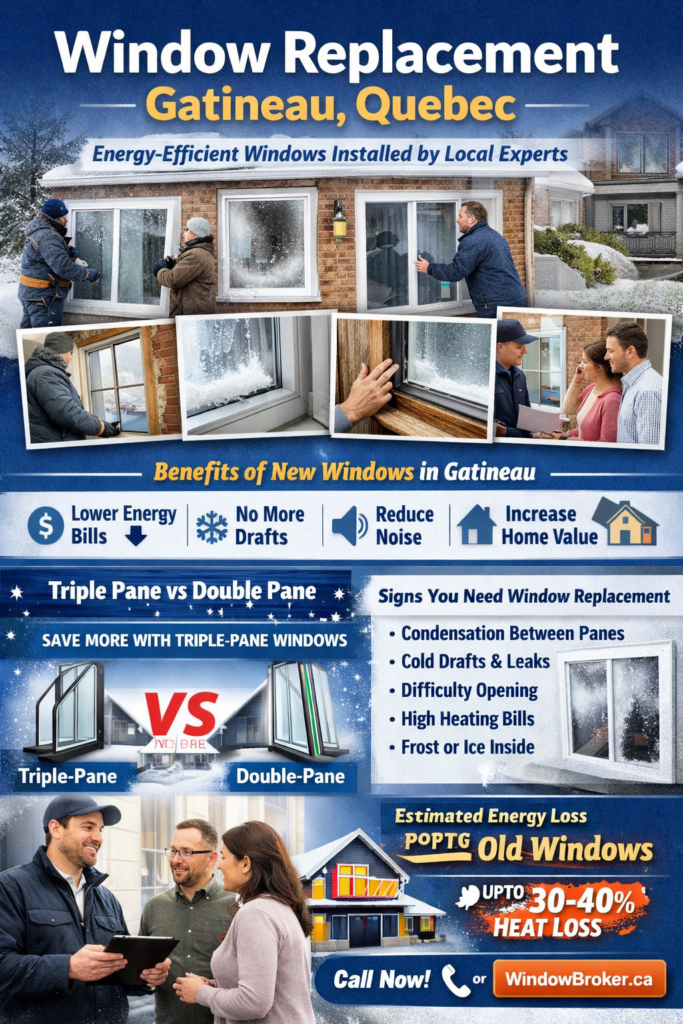 Energy-efficient triple pane window replacement installation in Gatineau Quebec home during winter