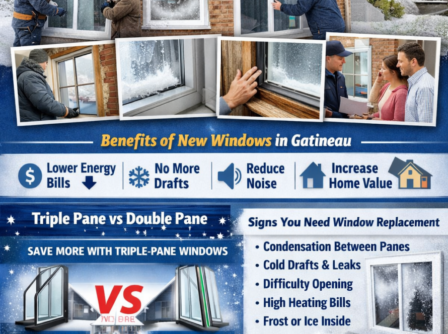 Energy-efficient triple pane window replacement installation in Gatineau Quebec home during winter